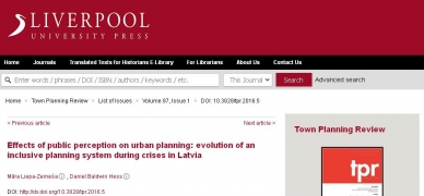 Žurnāla «Town Planning Review» numurā lasāms RTU APF doktores Māras Liepas-Zemešas raksts